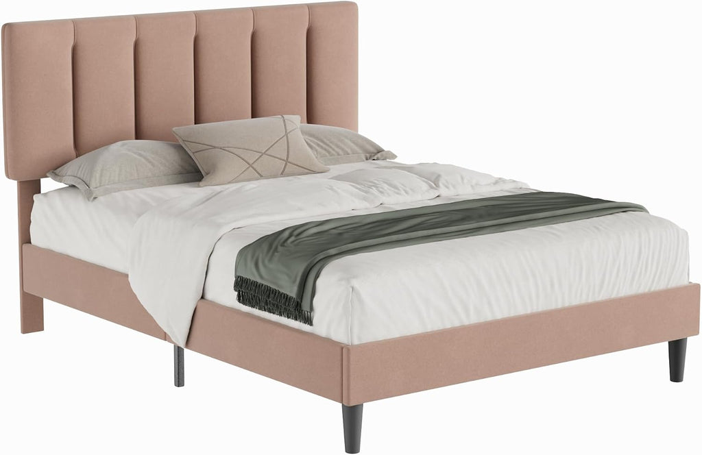 VECELO Queen Size Bed Frame with Upholstered Headboard, Heavy-Duty Bedframe with Wooden Slats & Steel Framework, Easy Assembly, Coffee
