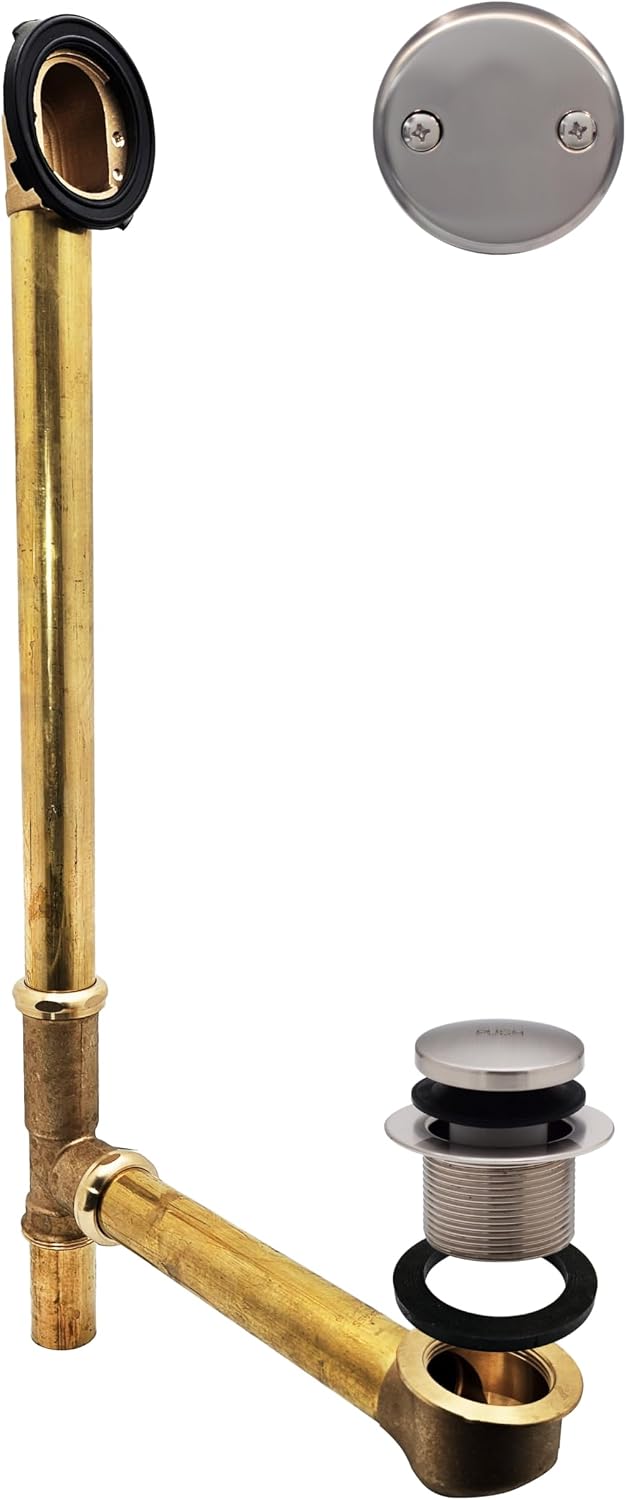 Westbrass A326-07 22-1/2' Brass Bath Waste & Overflow Assembly with Tip-Toe Drain Plug and 2-Hole Faceplate, Satin Nickel