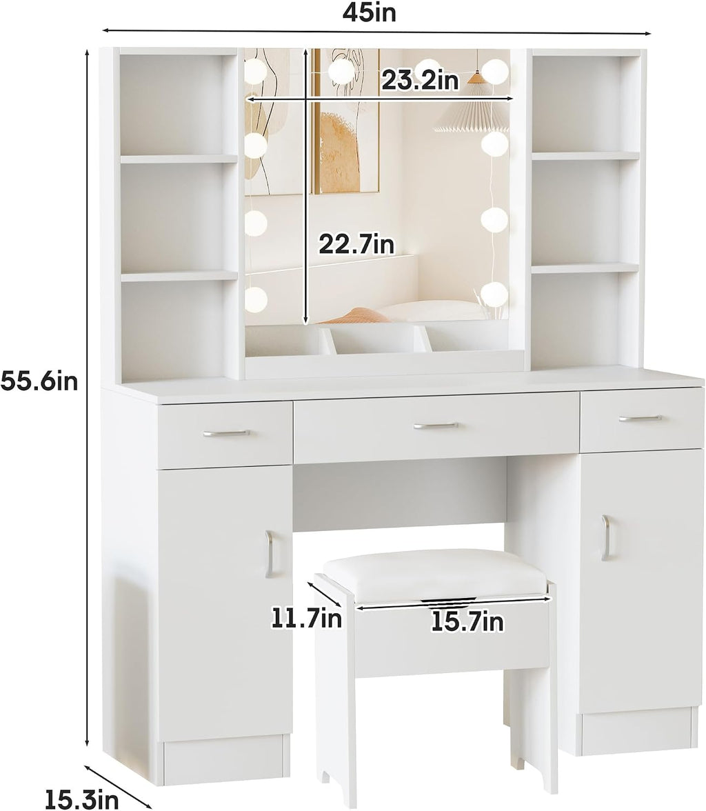 Vabches Vanity Desk with Lighted Mirror, Large Makeup Vanity Table Set with Storage Bench & Cabinets, 3 Brightness Mode, 45.2inch (W), White