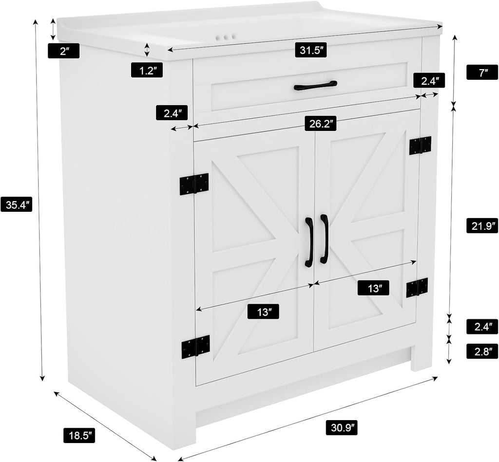 Bathroom Vanity, 32' Bathroom Vanity with Ceramic Sink, Farmhouse Bathroom Vanity Cabinet for Small Space, Freestanding Storage Cabinet with Shelf, 2 Doors, Easy Assembly