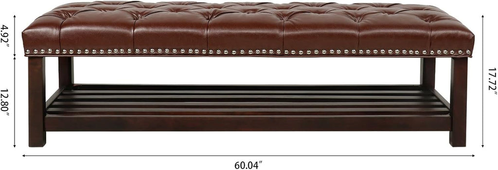 60in Button-Tufted Leather Indoor Bench, Brown Upholstered Shoe Bench Entryway, Bedroom Bench Seat, End of Bed Ottoman, Vanity Bench with Wooden Base Shoes Rack (Brown+Wooden)