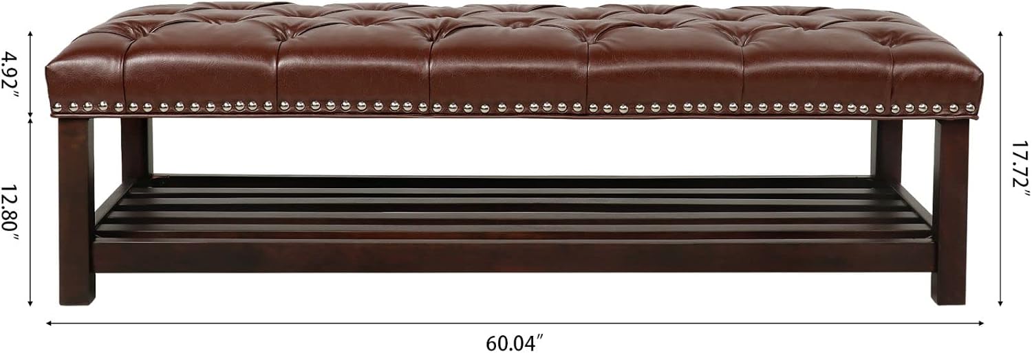 60in Button-Tufted Leather Indoor Bench, Brown Upholstered Shoe Bench Entryway, Bedroom Bench Seat, End of Bed Ottoman, Vanity Bench with Wooden Base Shoes Rack (Brown+Wooden)