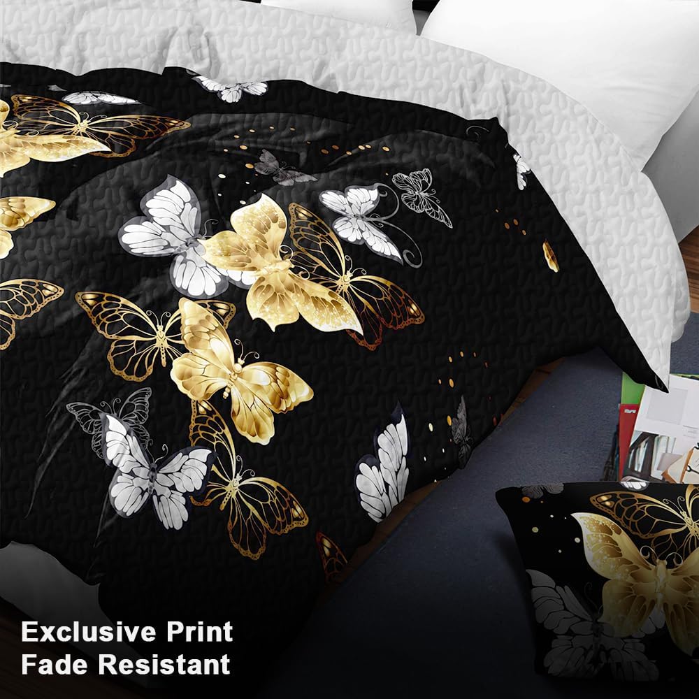 Luxury Golden Butterfly Queen Light Comforter Set, Elegant 9-Piece Bed in a Bag Queen Bedspread with Matching Curtains Ultra Soft & Breathable Black Gold Bedding, Chic All-Season Master Suite Decor