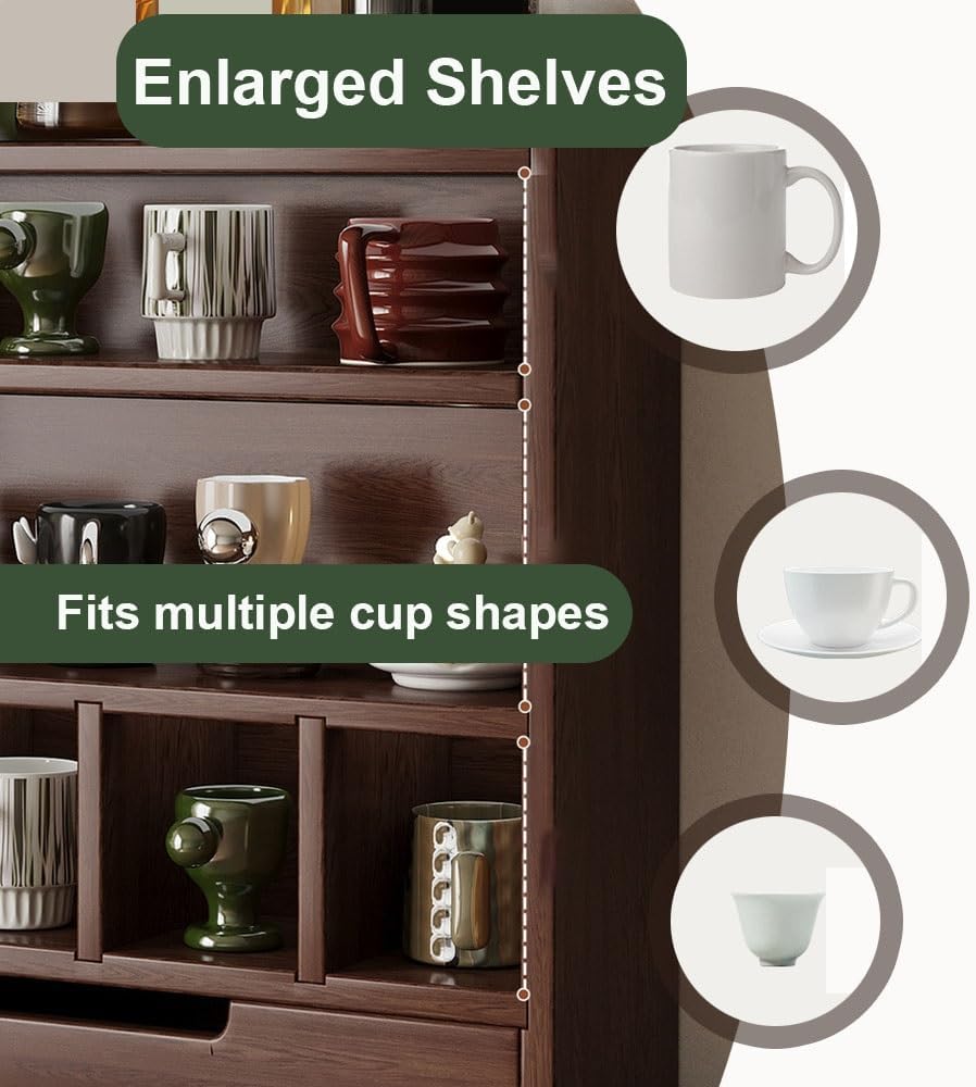 Soild Wood Coffee Cup Holder, 5-Tier Mug Holder with Drawers, Large Capacity Makeup Organizer, Countertop Organizer for Bathroom, Bedroom, Kitchen(Black)