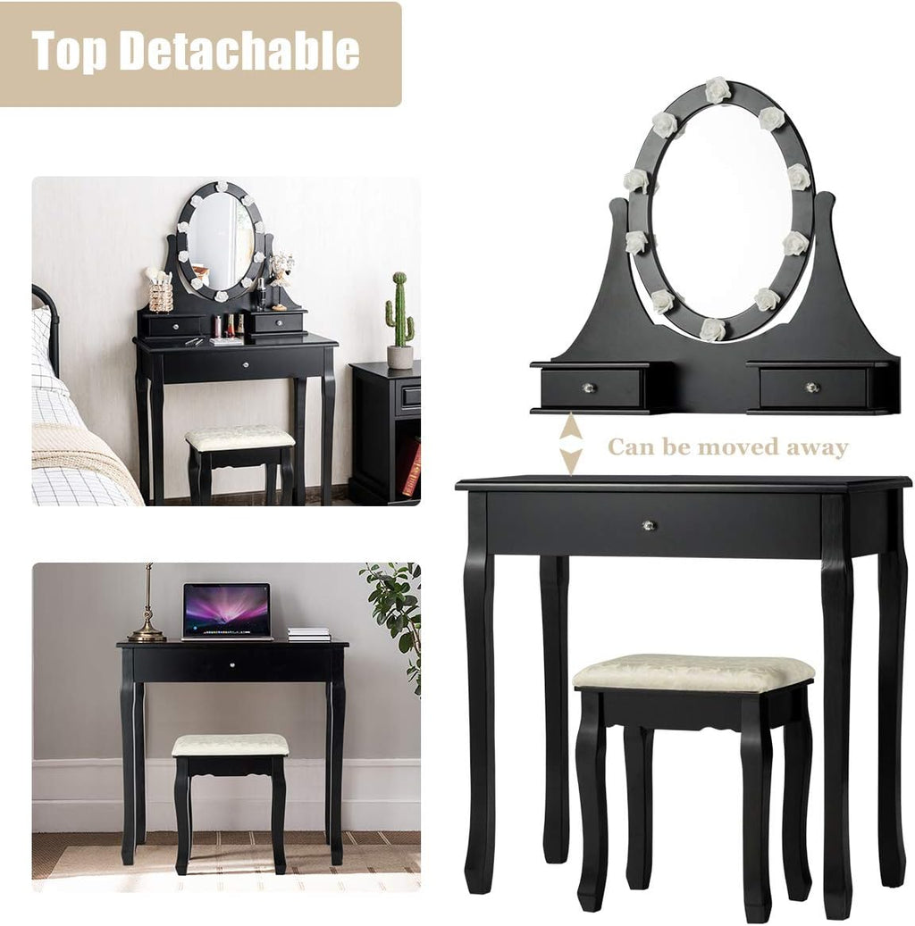 Giantex Vanity Set with Lighted Mirror, Makeup Table with 10 Rose Light, Modern Dressing Desk with Cushioned Stool, 3 Drawers and 360° Rotating Mirror for Bedroom, Vanity Table with Stool (Black)