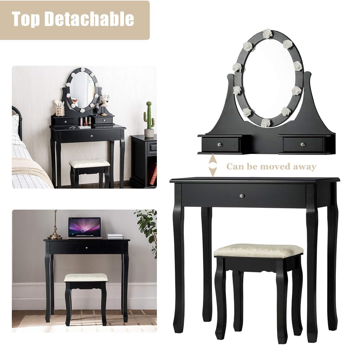 Giantex Vanity Set with Lighted Mirror, Makeup Table with 10 Rose Light, Modern Dressing Desk with Cushioned Stool, 3 Drawers and 360° Rotating Mirror for Bedroom, Vanity Table with Stool (Black)