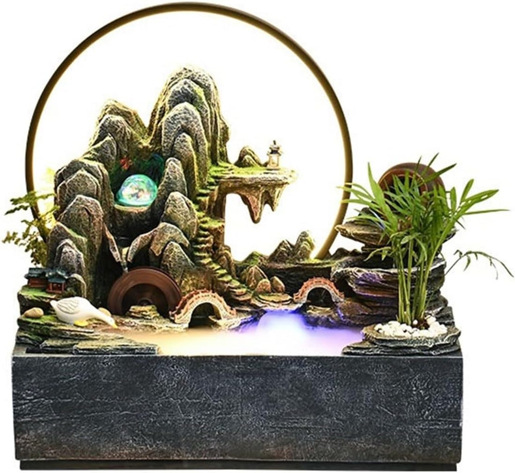 Indoor Fountain Tabletop Water Fountain, Rockery and Flowing Ornament Polyresin Decoration Waterfall Decor
