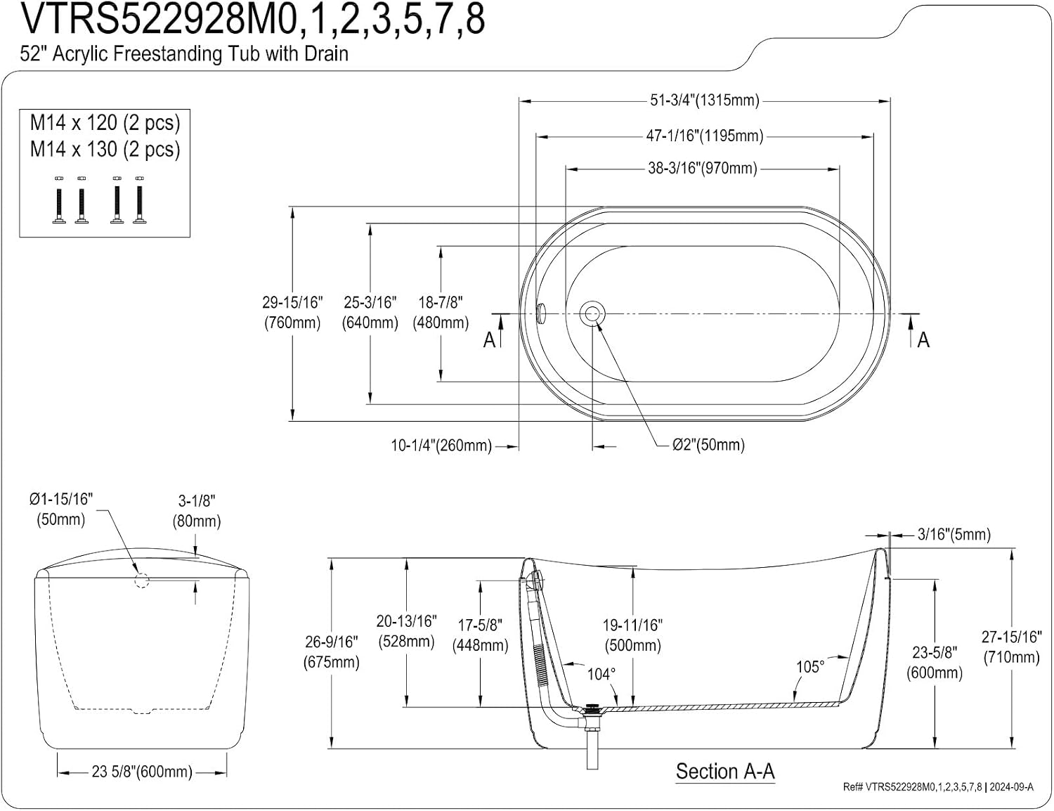 Kingston Brass VTRS522928M5 52' Acrylic Oval Double Slipper Freestanding Tub with Overflow/Drain Assembly, Glossy White/Oil Rubbed Bronze
