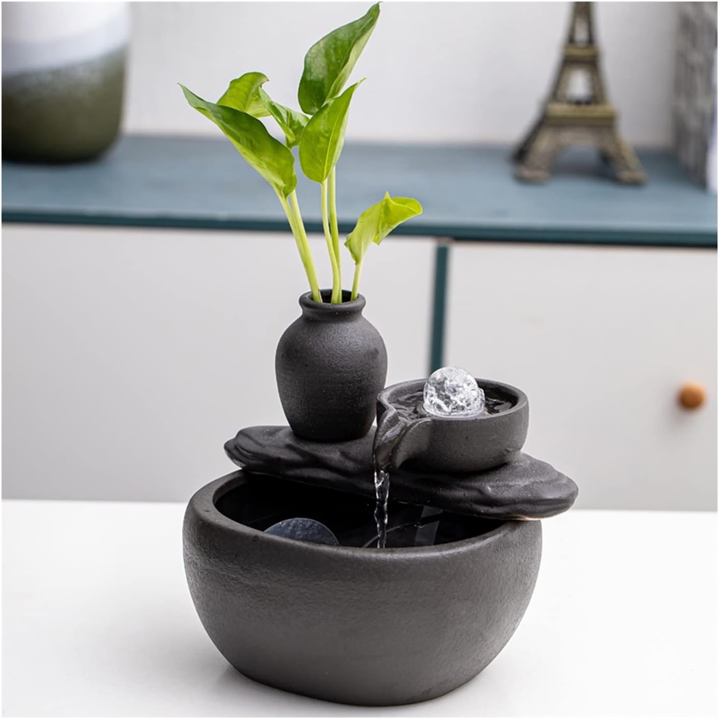 Indoor Fountain Ceramic Tabletop Fountain Ornaments Circulating Water Small Fish Tank Fountain Ceramic Pot Fountain for Indoor and Home Decoration Table Desk Office Patio