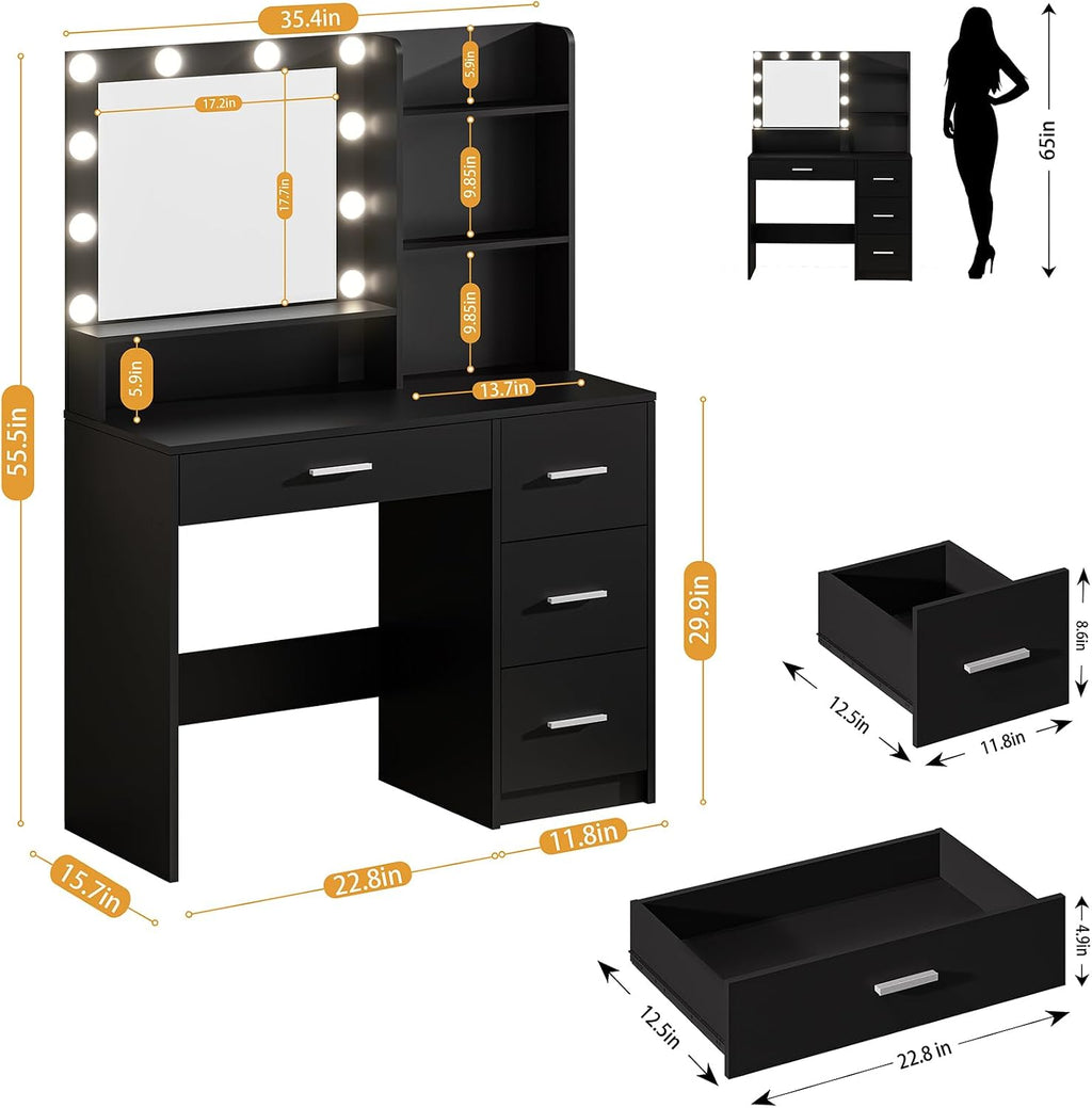 Vanity Desk with Lighted Mirror, Black Vanity with 4 Drawers,Makeup Vanity with Storage Shelves and Power Outlet,10 Lights with 3 Color Modes Brightness Adjustable for Girls' Bedroom (Black)