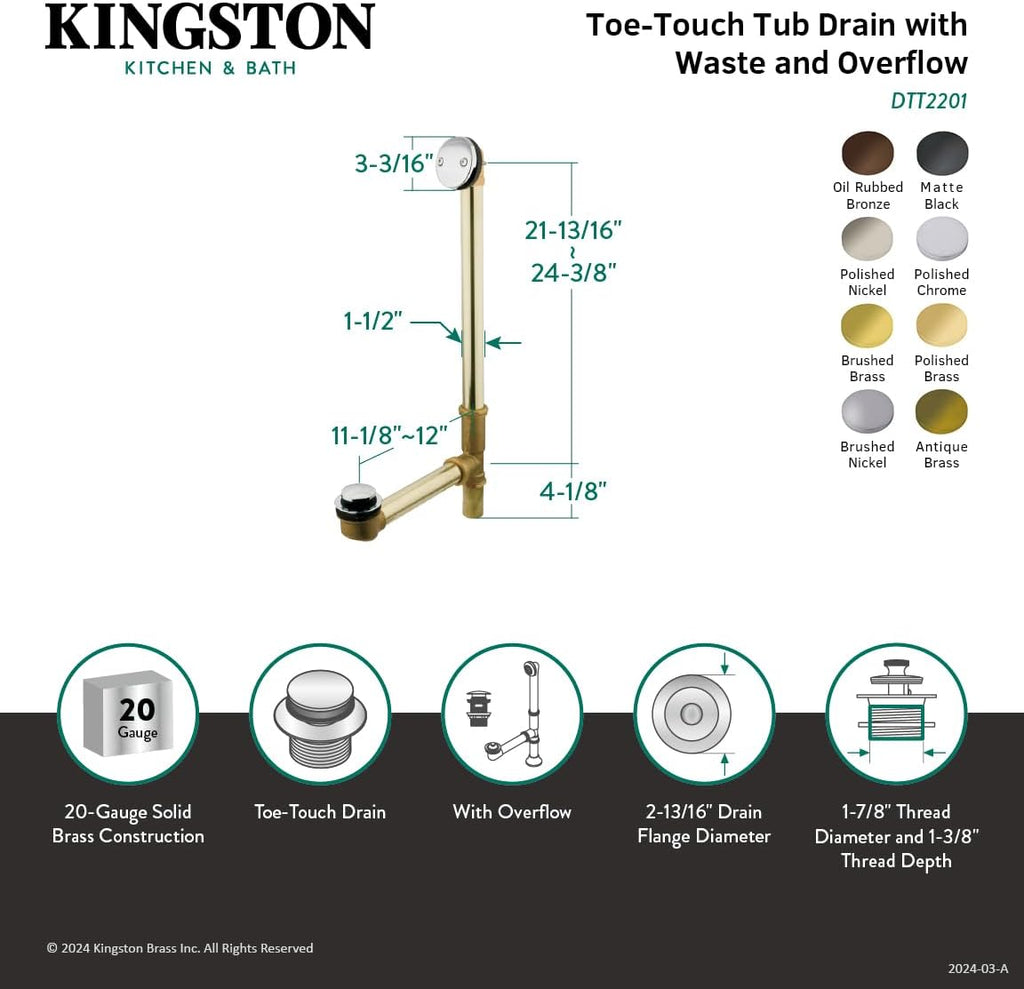 Kingston Brass DTT2208 Tip-Toe Bath Tub Drain and Overflow, Brushed Nickel