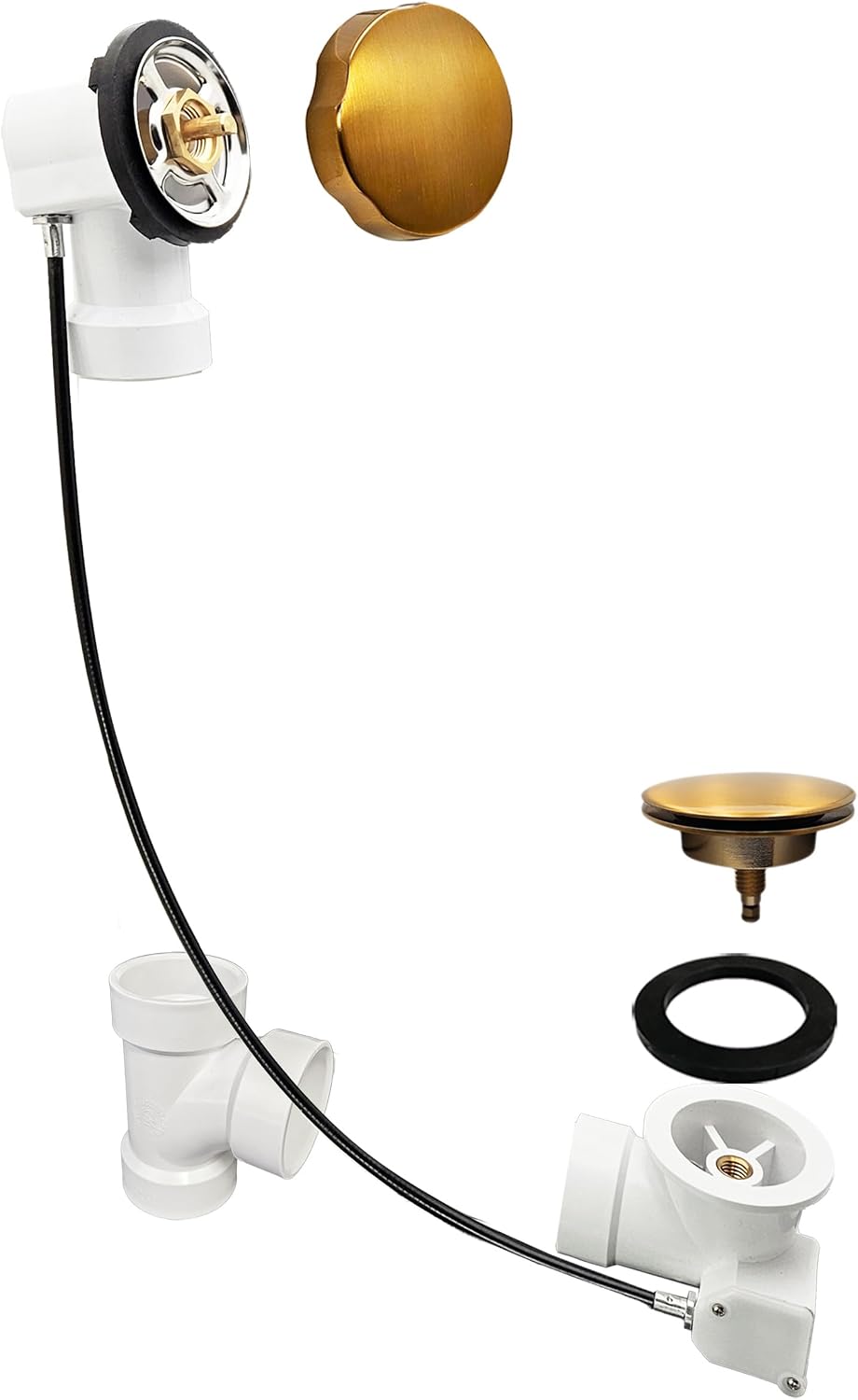 Westbrass A50P45-18 45' SCH. 40 PVC Cable Driven Bath Drain Trim Kit with Rotary Overflow Cover Knob and Pop-Up Stopper, Brushed Bronze