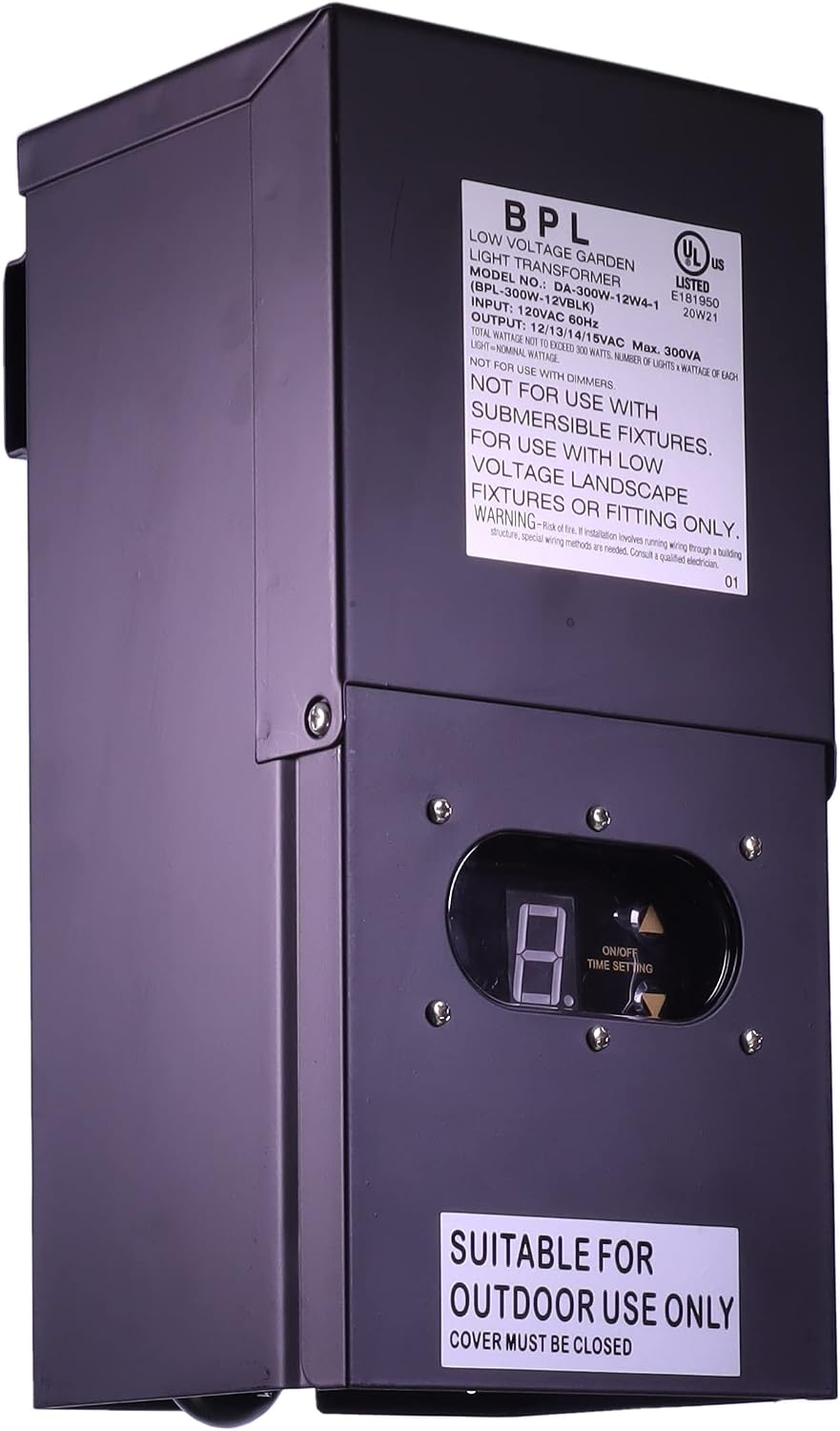 300W Watt Low Voltage Landscape Transformer Multi Tap 120 Volt AC to 12-15 Volt LED & Halogen - Lighting Outdoor/Indoor Weatherproof w Digital Timer Photocell Sensor - Black Metal Case