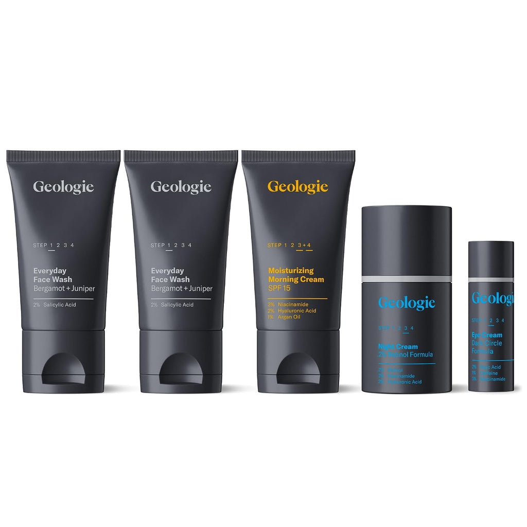 Geologie Complete Skincare Set for Men & Women | 3-Month Simple & Effective Daily Clear Skin Routine | Acne, Oily Skin, Dark Spots | Face Wash 2-Pack, Retinol Face Cream, SPF15 Moisturizer & Eye Cream