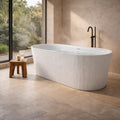 ANZZI Freestanding Soaking Bathtub 59 In Acrylic Solid Surface Glossy Flatbottom White Bailey Series 14.8 In Soaking Depth 67.4 Gal Capacity Overflow Drain Compact One Piece Design | AMZFT650-59