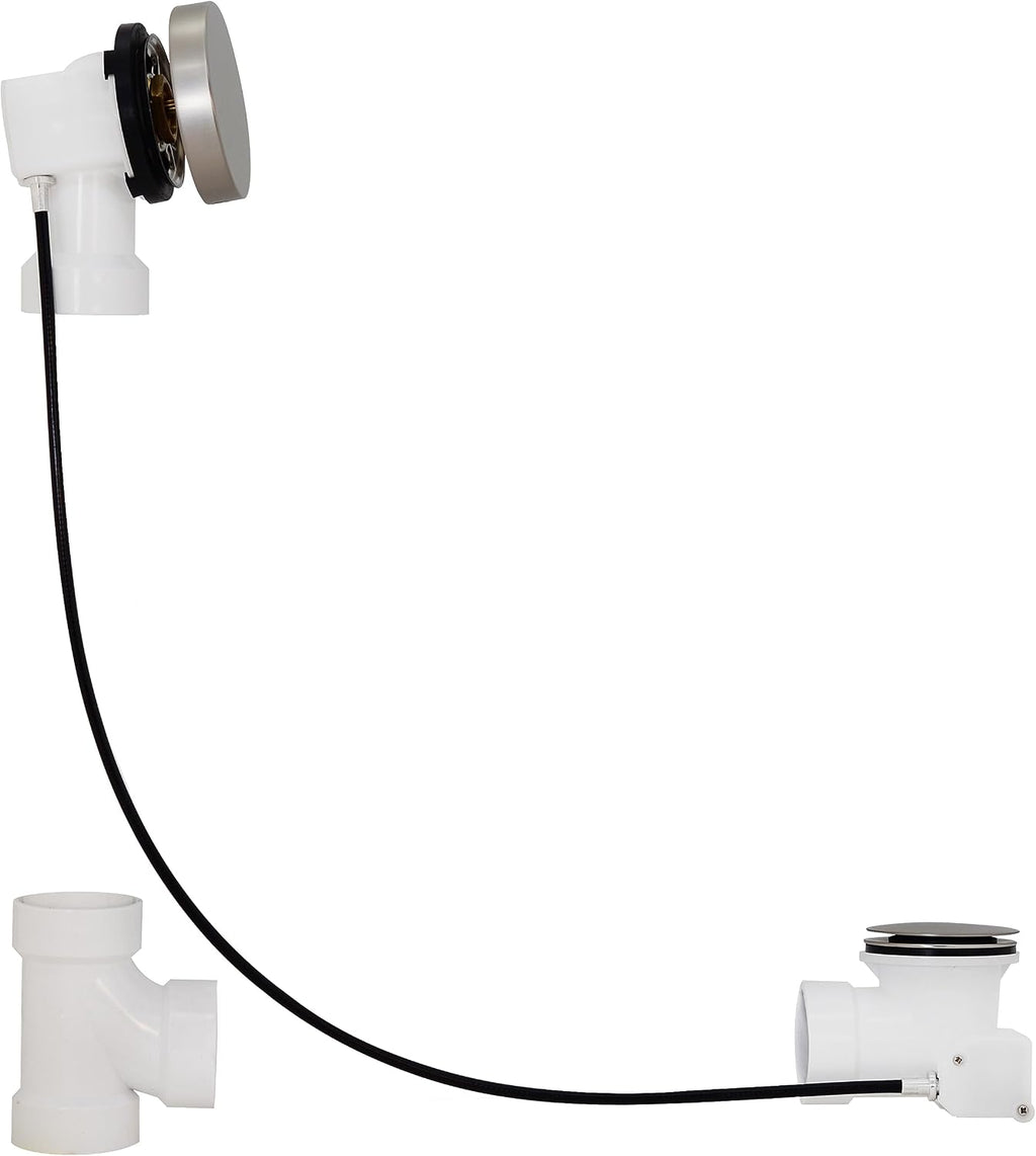 Westbrass D50P27SRE-07 27' Cable Drive Bathtub Drain Trim with Rotary Overflow Cover Knob, Pop-Up Stopper Sch. 40 PVC Fittings, Satin Nickel