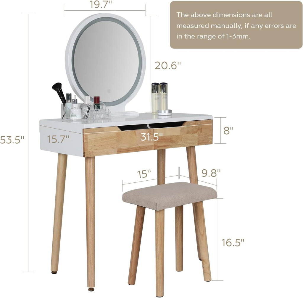 YOURLITE Makeup Vanity Desk with Lights,Small Vanity with Adjustable Brightness Mirror for Small Spaces, Dressing Table with Drawers (31.5', Circular Mirror Wood)