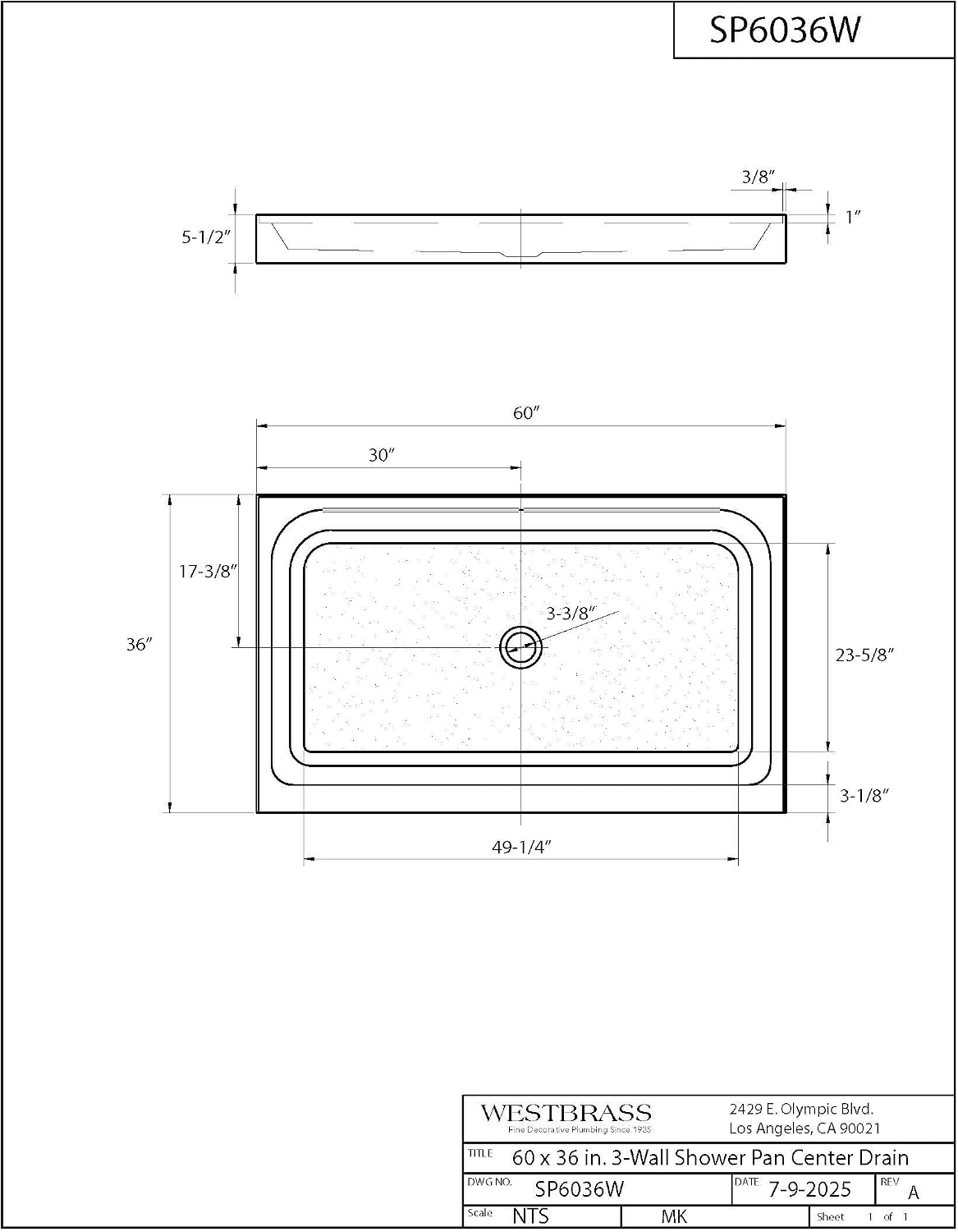 Westbrass SP6036WP-12 60' x 36' 3-Wall Shower Pan with Plastic Center Drain and 4-1/4' Cross Grid Brass Drain Cover, Oil Rubbed Bronze