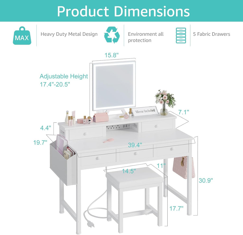 White Makeup Vanity Desk with Mirror and Lights, 40 inch Girls Vanity Set with Chair, Make Up Dresser Table with Drawers and Power Outlet for Bedroom Small Space