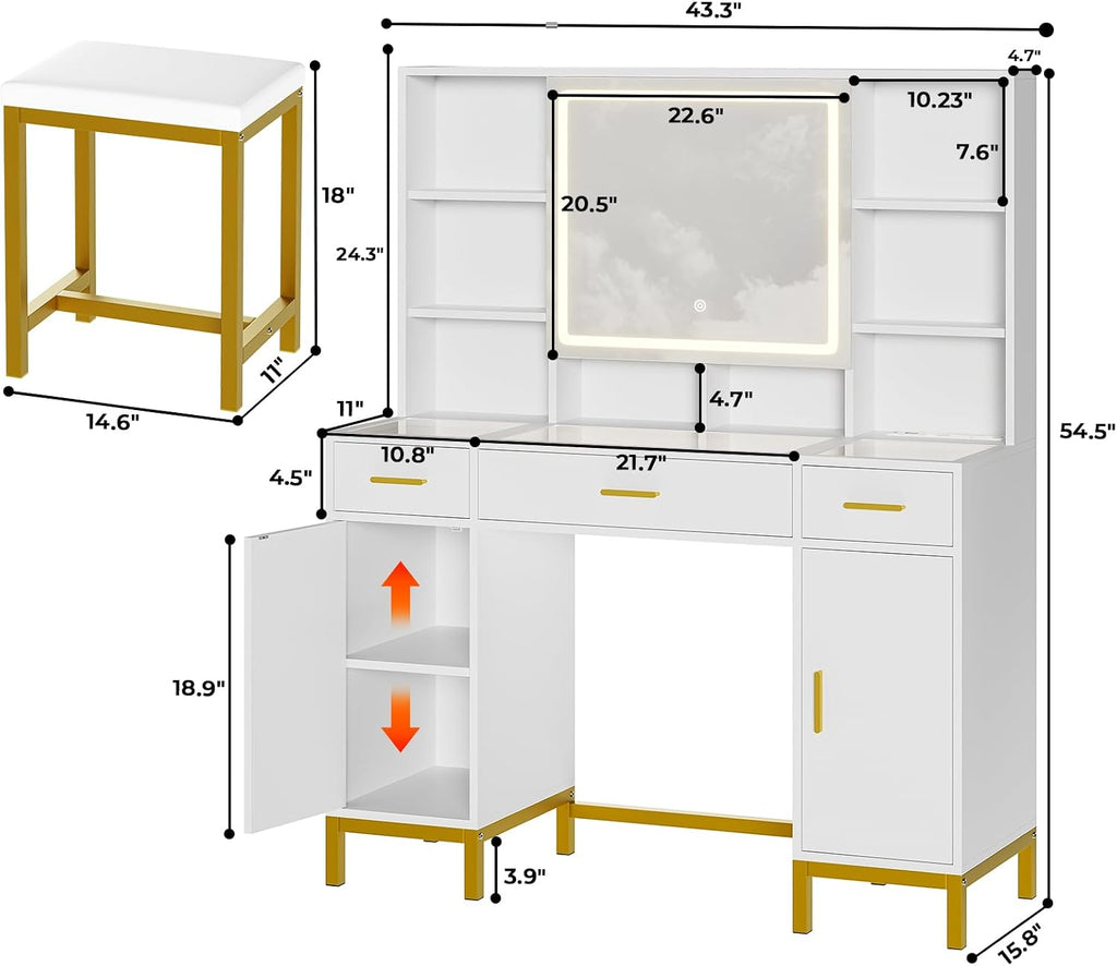 VIAGDO Vanity Desk with Openable Mirror and Lights, Glass Tabletop Makeup Vanity Set with Charging Station, White Vanity Table with 3 Drawers & 2 Cabinets, DIY Drawer Dividers, Hidden Hooks
