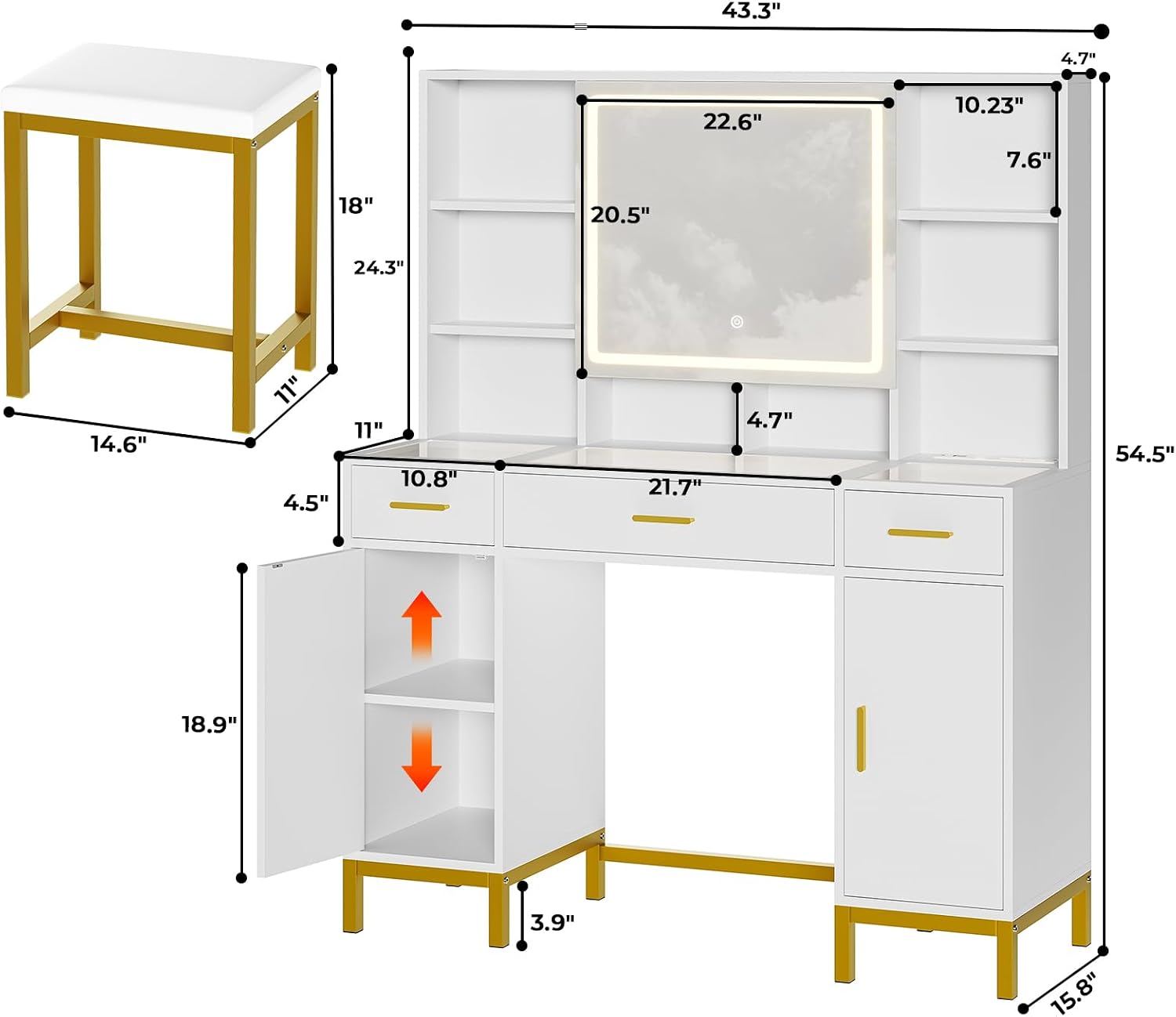VIAGDO Vanity Desk with Openable Mirror and Lights, Glass Tabletop Makeup Vanity Set with Charging Station, White Vanity Table with 3 Drawers & 2 Cabinets, DIY Drawer Dividers, Hidden Hooks