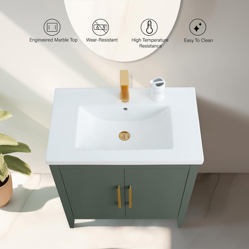 Vanity Art 30 inch Bathroom Vanity with Single Sink & Ceramic Top, Vanity Cabinet with Soft-Closing Doors, Solid Wood Frame, Vintage Green, VA9030-VG-BN1