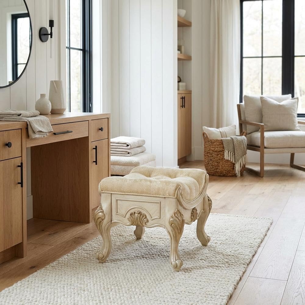 Michael Amini Platine de Royale Beige Champagne Vanity Bench Solid Rubberwood Frame Velvet Upholstery Comfortable Seating Elegant Design Durable Construction for Bedroom or Dressing Room
