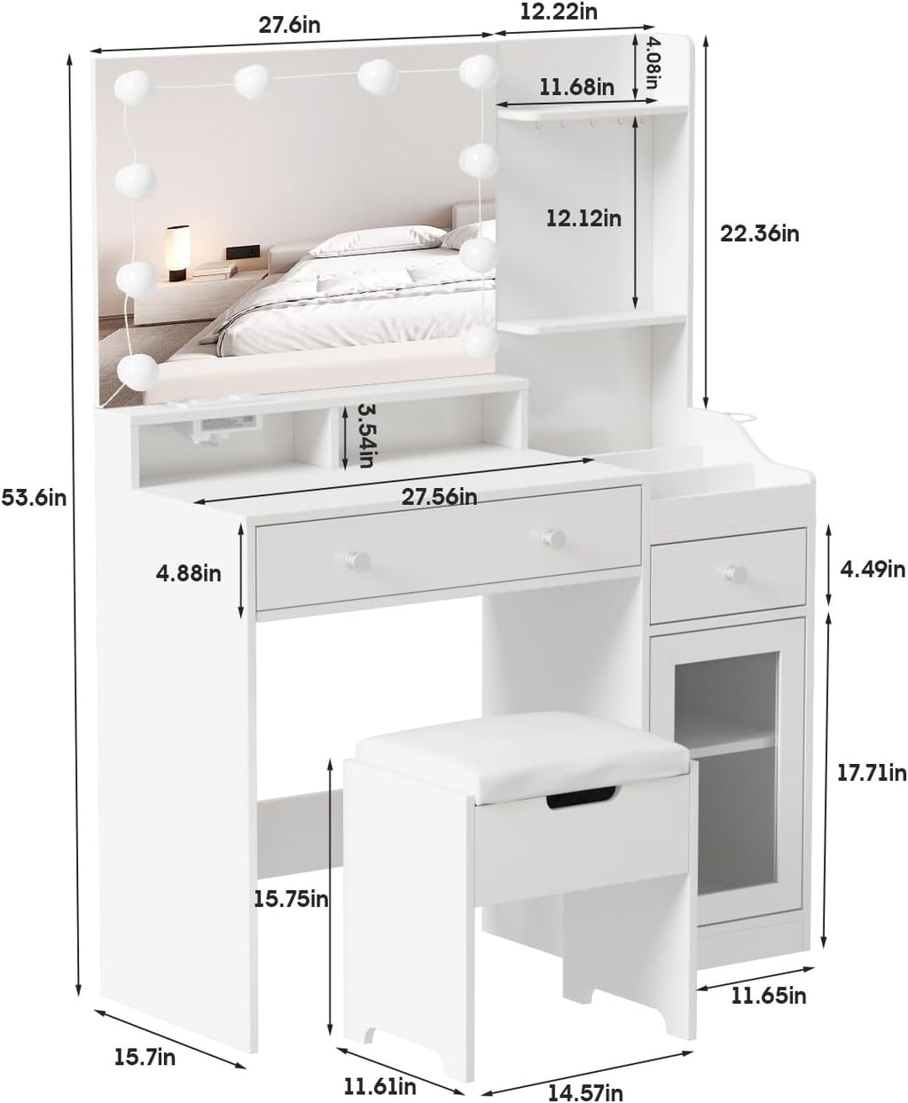 Vabches Vanity with Mirror and Lights, Makeup Vanity Table with Charging Station, Cute Vanity Set with Comfortable Bench, Dressing Table with 3 Storage Compartments, 39.8inch, White