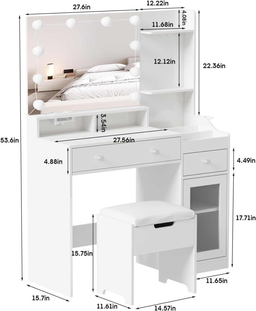 Vabches Vanity with Mirror and Lights, Makeup Vanity Table with Charging Station, Cute Vanity Set with Comfortable Bench, Dressing Table with 3 Storage Compartments, 39.8inch, White