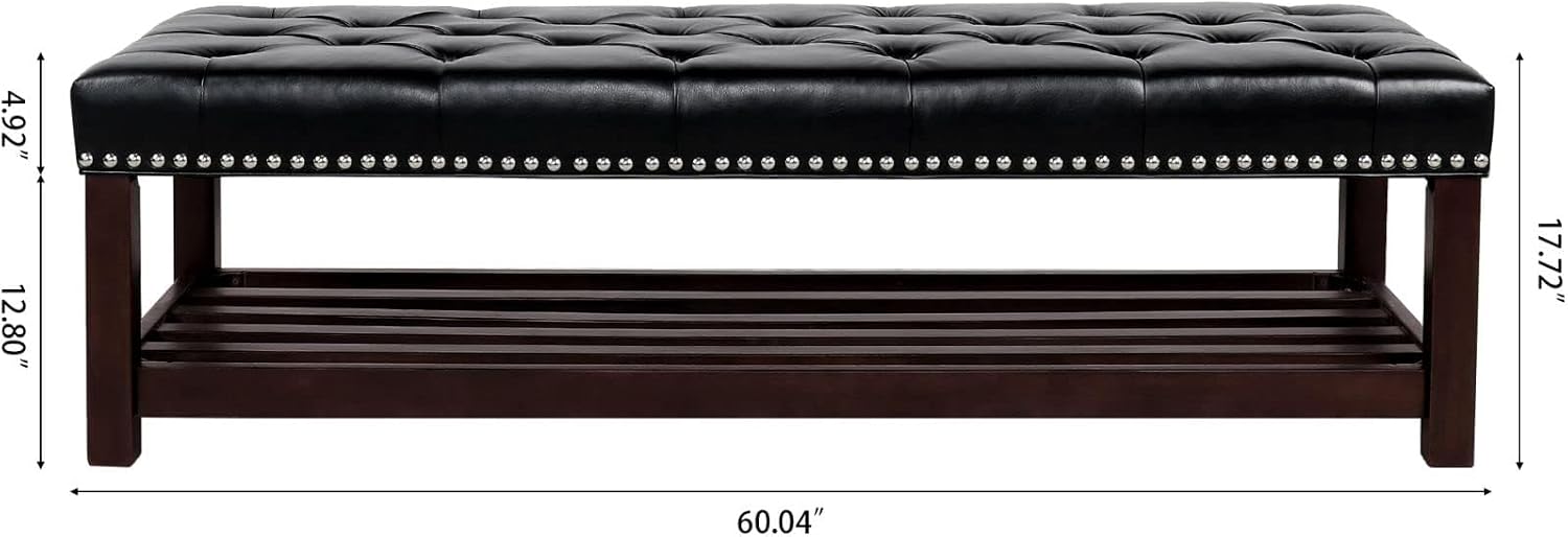 60in Button-Tufted Leather Indoor Bench,Black Upholstered Shoe Bench Entryway, Bedroom Bench Seat, End of Bed Ottoman, Vanity Bench with Wooden Base Shoes Rack (Black+Wooden)