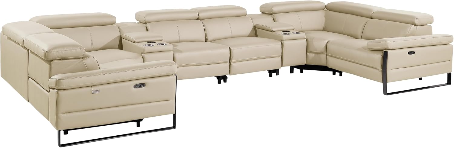 BlackJack Furniture Antonio 8 Piece U Shaped Power Reclining Sectional Sofa, Modular Couch with Top Grain Italian Leather, 4 Electric Recliners, USB & Wireless Chargers, Storage Console, Beige