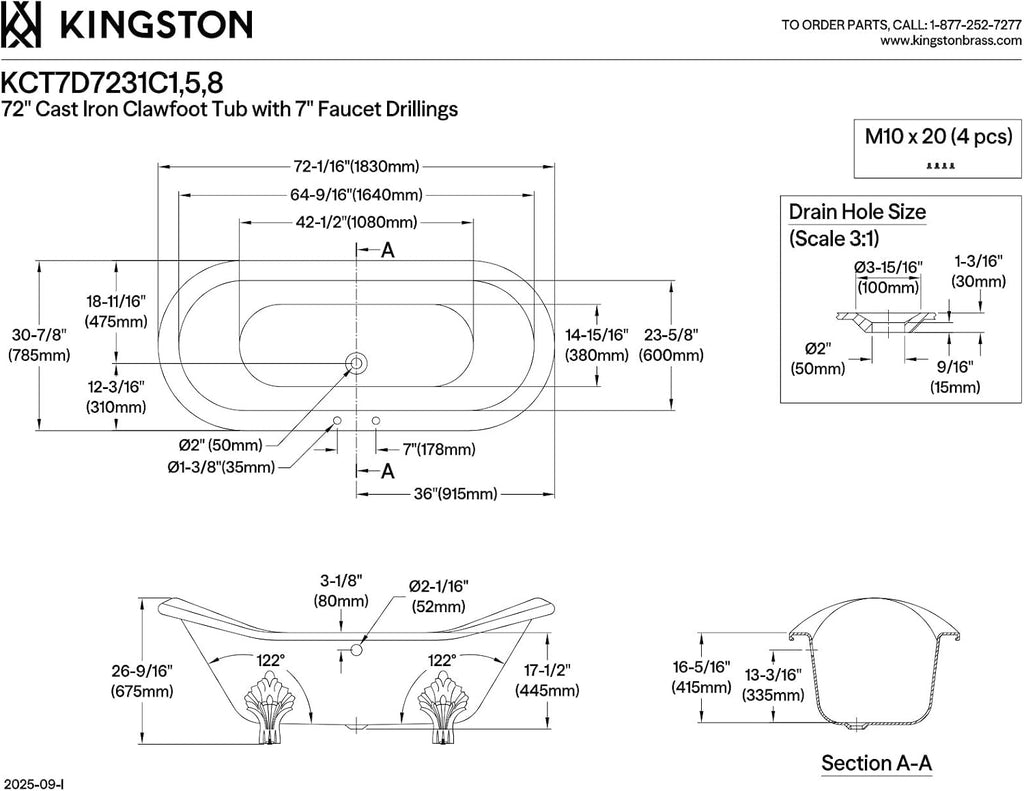 Kingston Brass KCT7D7231C5 Aqua Eden Tub with Faucet Drain/Lines Combo 72-1/16' x 30-7/8' x 30-5/16' White/Oil Rubbed Bronze