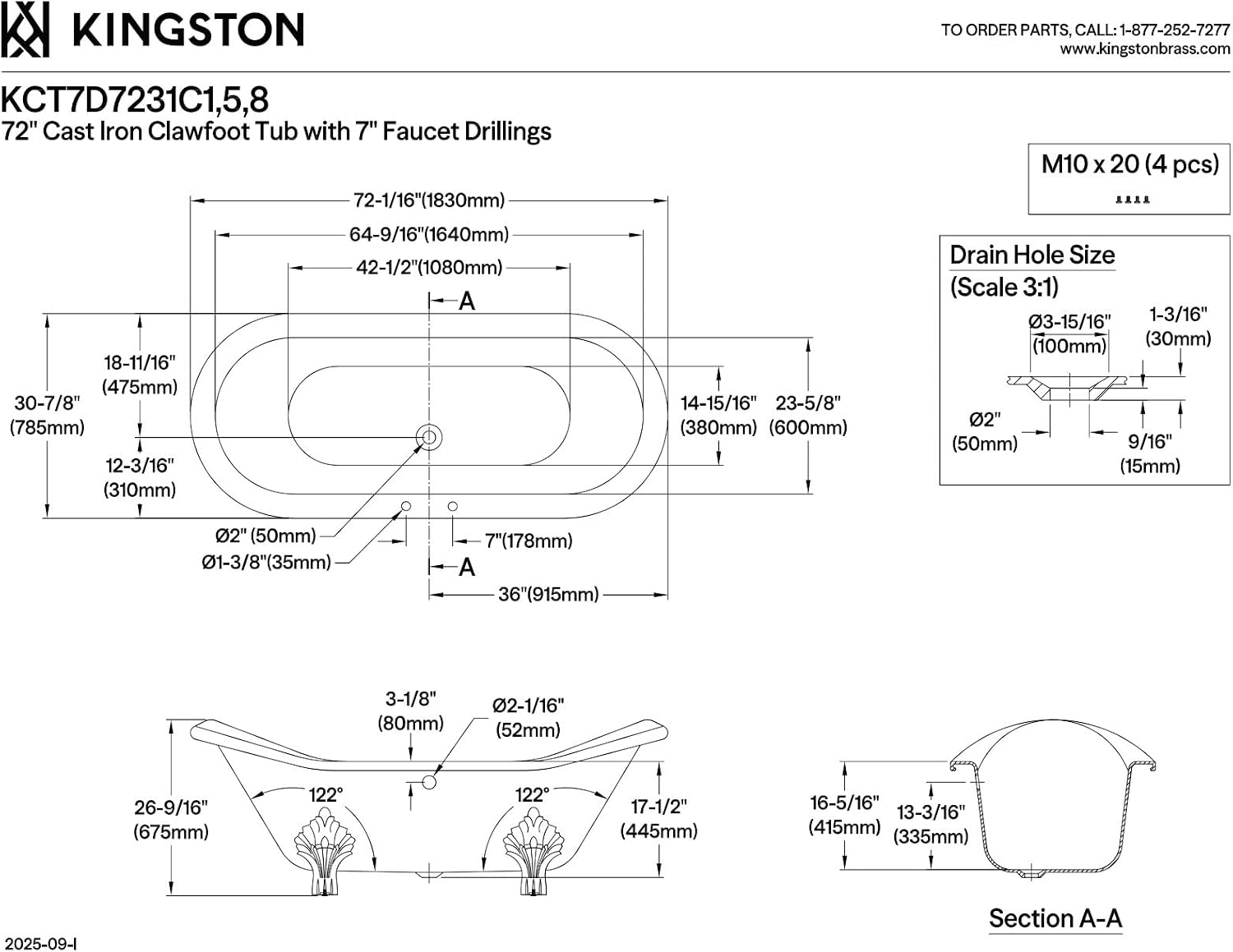 Kingston Brass KCT7D7231C5 Aqua Eden Tub with Faucet Drain/Lines Combo 72-1/16' x 30-7/8' x 30-5/16' White/Oil Rubbed Bronze