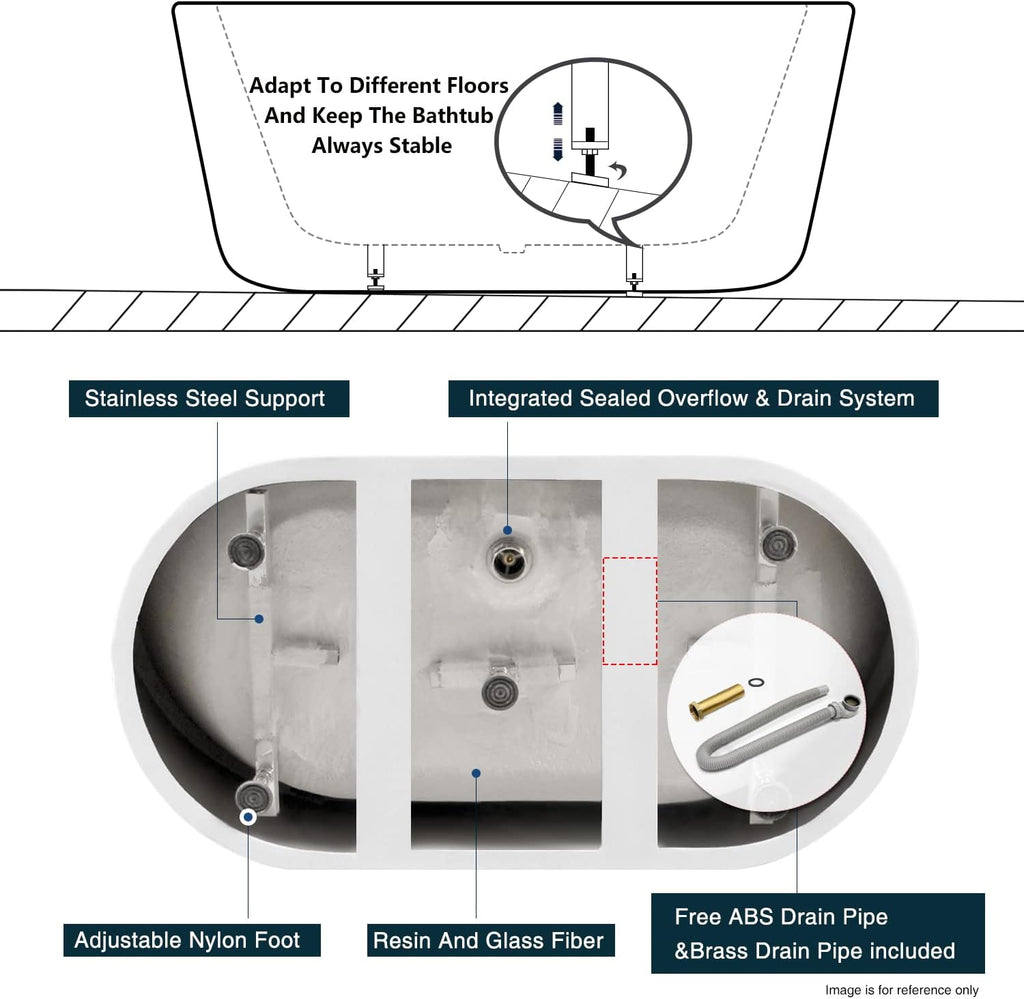 FerdY 47' Bali Acrylic Freestanding Bathtub, Gracefully Shaped Freestanding Soaking Bathtub, cUPC Certified, Toe-Tap Brushed Nickel Drain and Minimalist Linear Design Overflow Included
