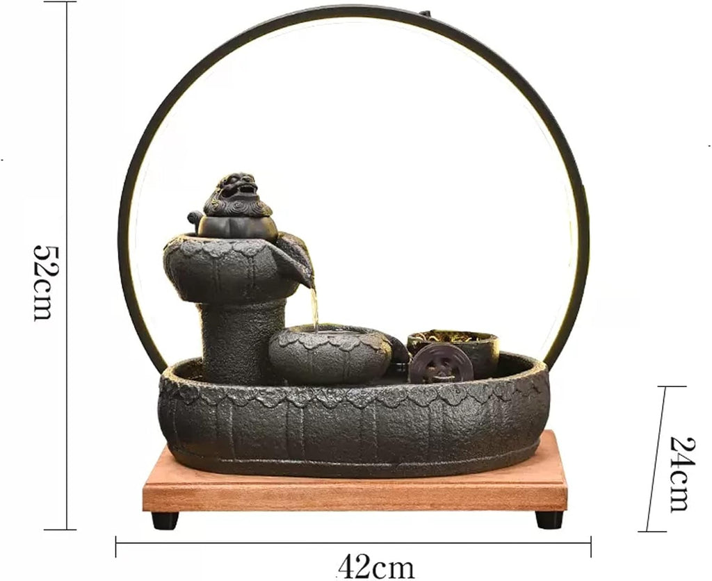 Tabletop Fountain Ceramic Tabletop Fountain with Wooden Base and LED Light Ring Indoor for Home Decoration Table Desk Office Patio