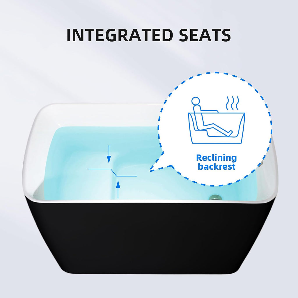 WOODBRIDGE 48' Acrylic Freestanding Square Shape Janpanese Soaking Tub with Pre-molded Seat and Brushed Nickel Pop-UP Drain and Overflow Option, Black, B1870