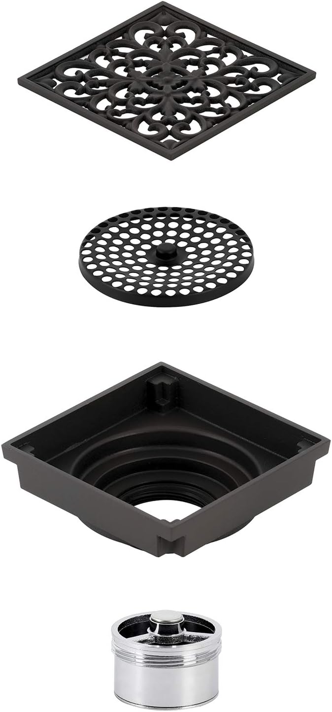 Scroll 4' Brass Square Grid Shower Drain with Hair Strainer, Oil Rubbed Bronze