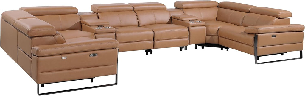 BlackJack Furniture Antonio 8 Piece U Shaped Power Reclining Sectional Sofa, Modular Couch with Top Grain Italian Leather, 4 Electric Recliners, USB & Wireless Chargers, Storage Console, Cognac