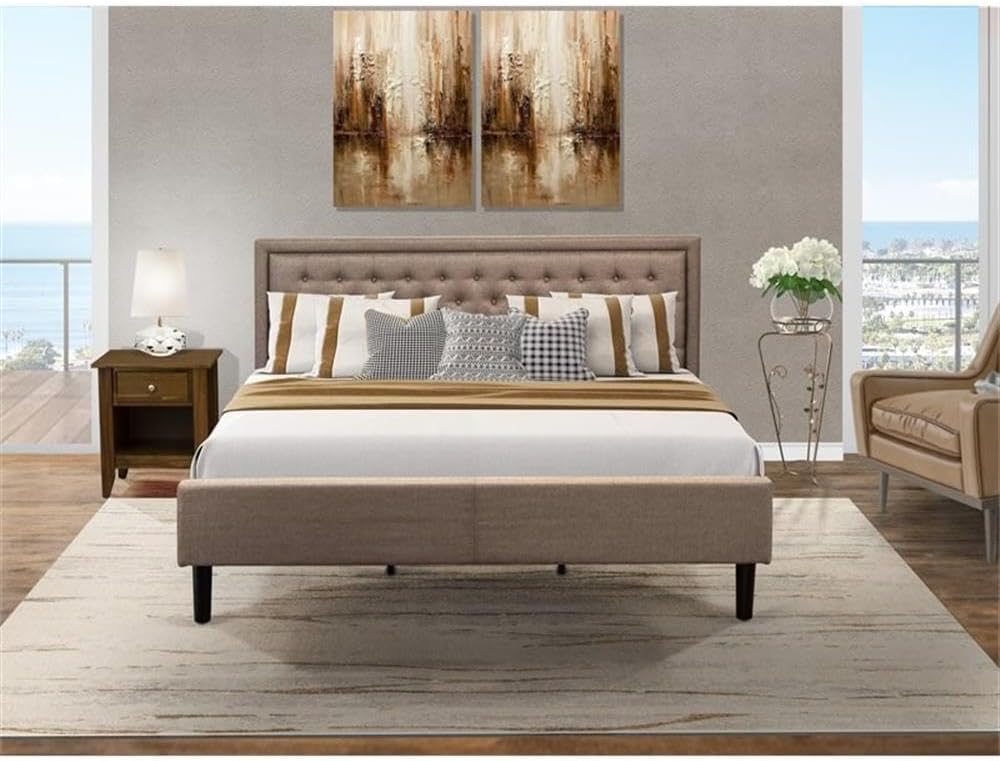 East West Furniture KD16K-1GA08 2 Piece King Bed Set - 1 Wooden Bed Frame Brown Linen Fabric Padded and Button Tufted Headboard with 1 Wood Nightstand - Antique Walnut Finish Nightstand
