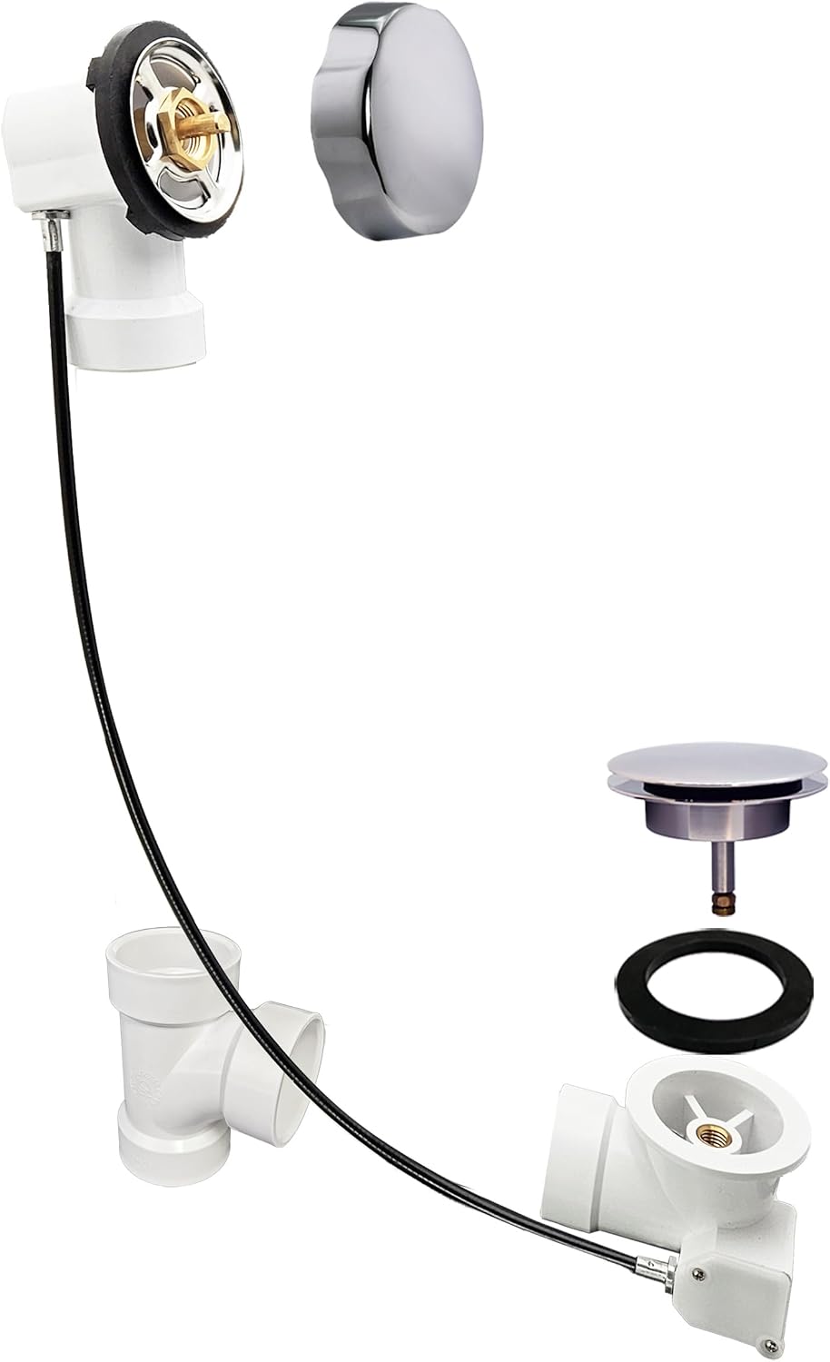 Westbrass A50P45-26 45' SCH. 40 PVC Cable Driven Bath Drain Trim Kit with Rotary Overflow Cover Knob and Pop-Up Stopper, Polished Chrome