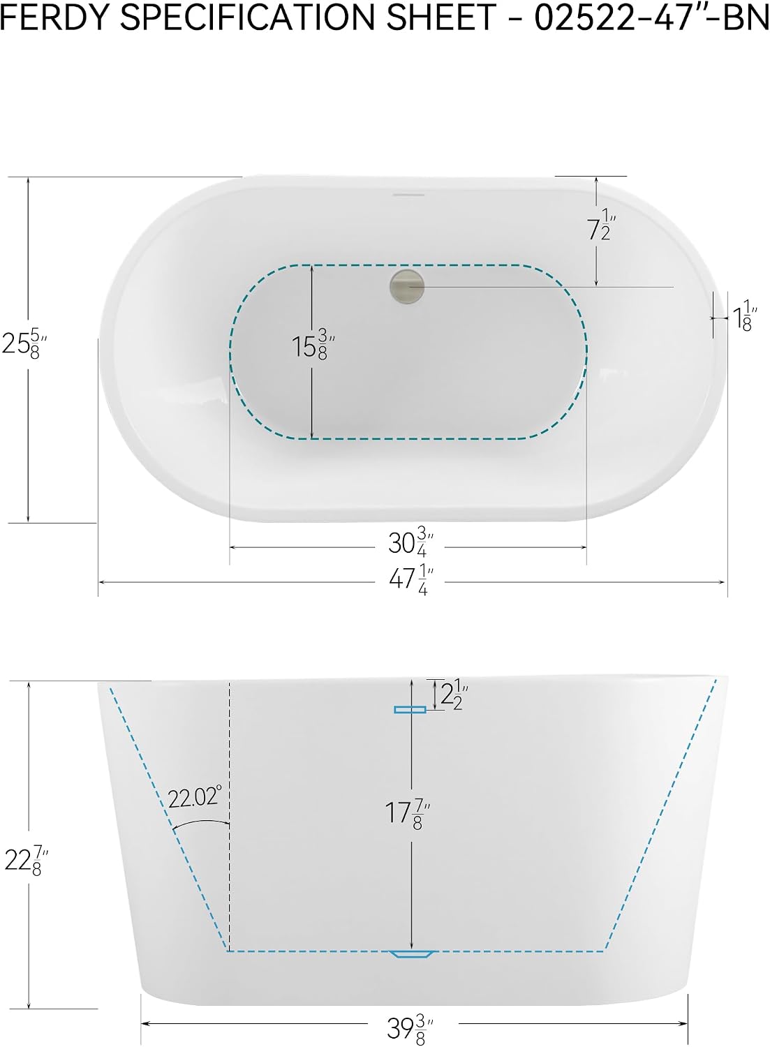 FerdY Shangri-La 47' Acrylic Freestanding Bathtub, Small Classic Oval Shape Acrylic Soaking Bathtub with Brushed Nickel Drain & Minimalist Linear Design Overflow, Modern White, cUPC Certified