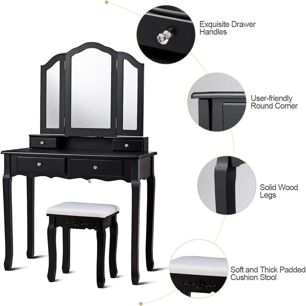 Giantex Vanity Set with Tri-Folding Mirror and 4 Drawers, Makeup Dressing Table with Cushioned Stool for Girls Women, Modern Bedroom Bathroom Makeup Table with Stool (Black)