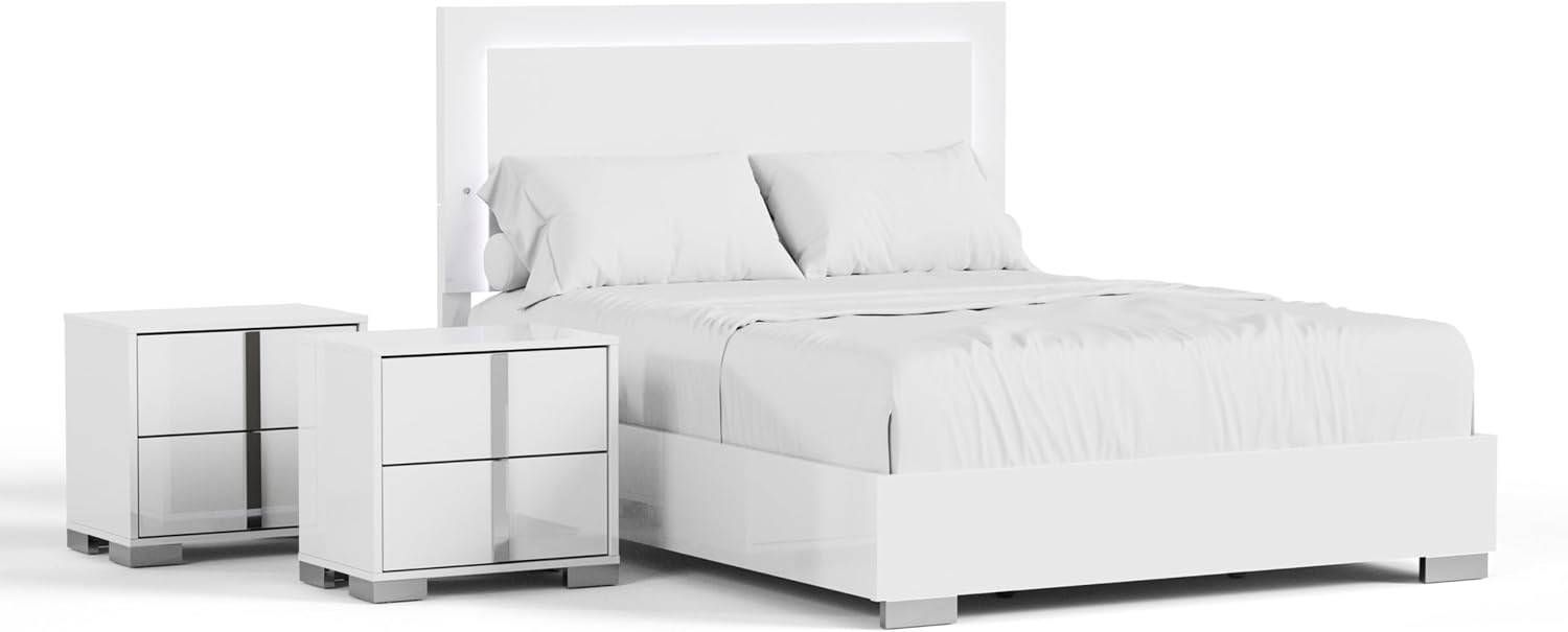 Furniture of America Alistair Modern Wood 3-Piece Bedroom Collection with Bed Frame and 2-Drawer Nightstands Set of 2, Box Spring Required, White, Queen