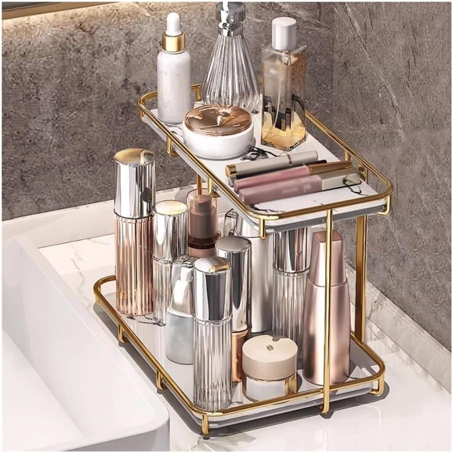 Shelves, 2-Tier Bathroom Orga Countertop, Luxury Perfume Makeup Orga, Marble Ceramic Vanity Tray Dresser with Gold Stainless Steel Frame Bathroom Accessories(White-One Size)
