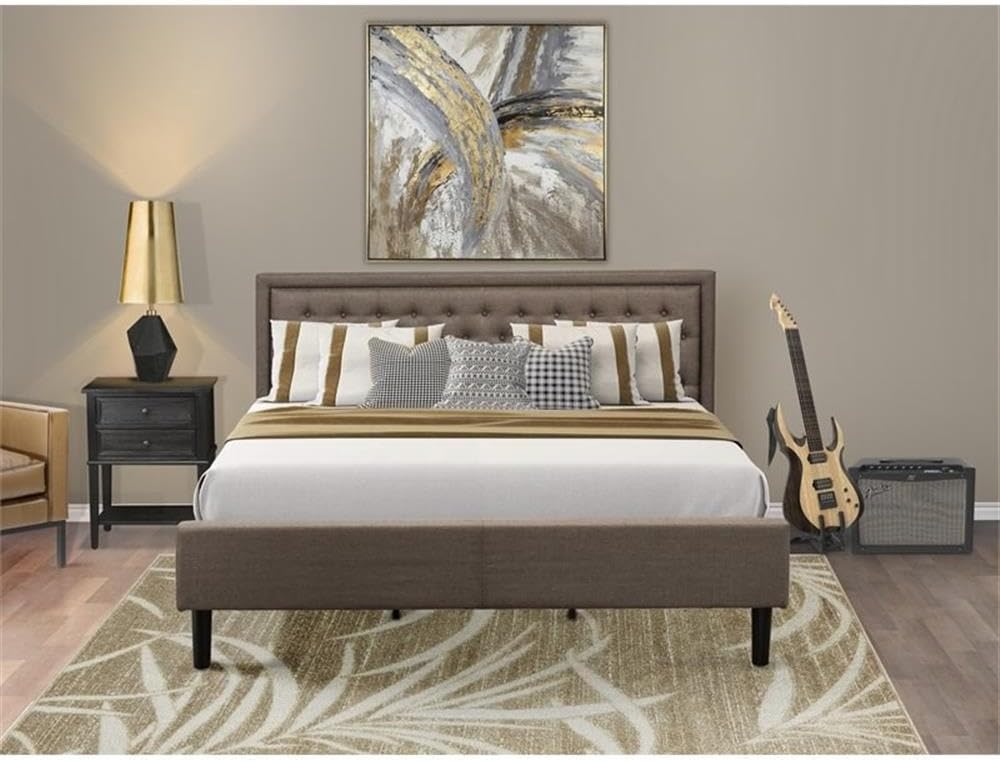 East West Furniture KD18K-1VL06 2 Piece King Size Bed Set - 1 Wooden Bed Frame Brown Linen Fabric Padded and Button Tufted Headboard with 1 Night Stands - Wire Brushed Black Finish Nightstand