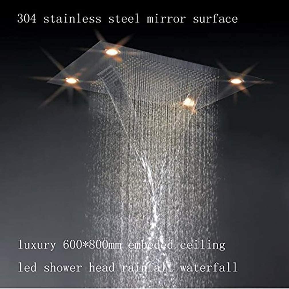 Cascada Classic Design 31 Inch (600mm x 800mm) Large Rain Shower Set with Waterfall LED Rectangle recessed ceiling-mount 4 Function shower head (Brushed Nickel)