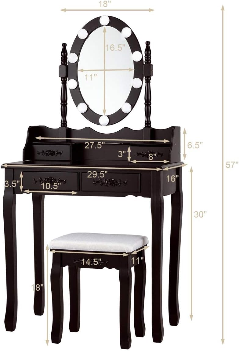 Giantex Makeup Vanity Table with 10 LED Lights, Adjustable Brightness, 3 Color Light Modes, 4 Drawers, Rotatable Mirror, Cushioned Stool, Vanity Desk Dressing Table Bedroom Furniture (Espresso)