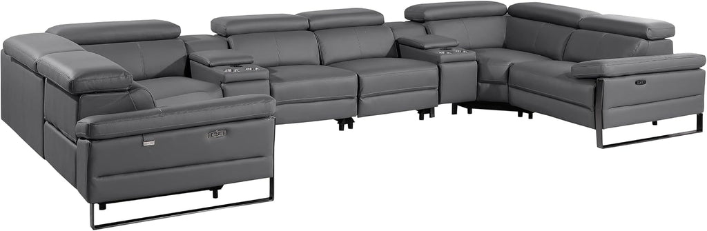 BlackJack Furniture Antonio 8 Piece U Shaped Power Reclining Sectional Sofa, Modular Couch with Top Grain Italian Leather, 4 Electric Recliners, USB & Wireless Chargers, Storage Console, Dark Grey