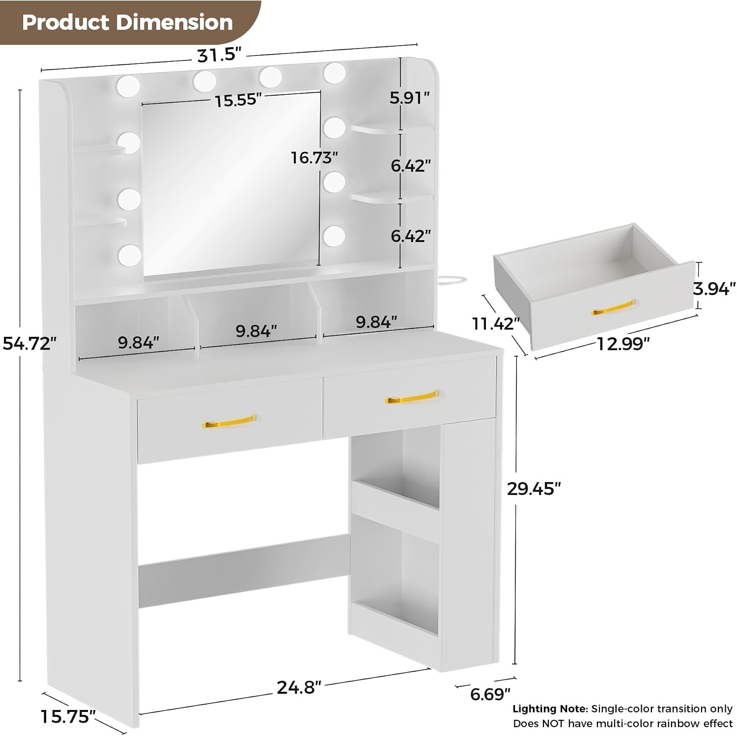 COMHOMA Vanity Desk with Lighted Mirror and Power Outlet, RGB LED Lights Makeup Vanity Set for Girls, Large Storage Capacity Dressing Table for Bedroom, 3 Lighting Modes Adjustable Brightness, White