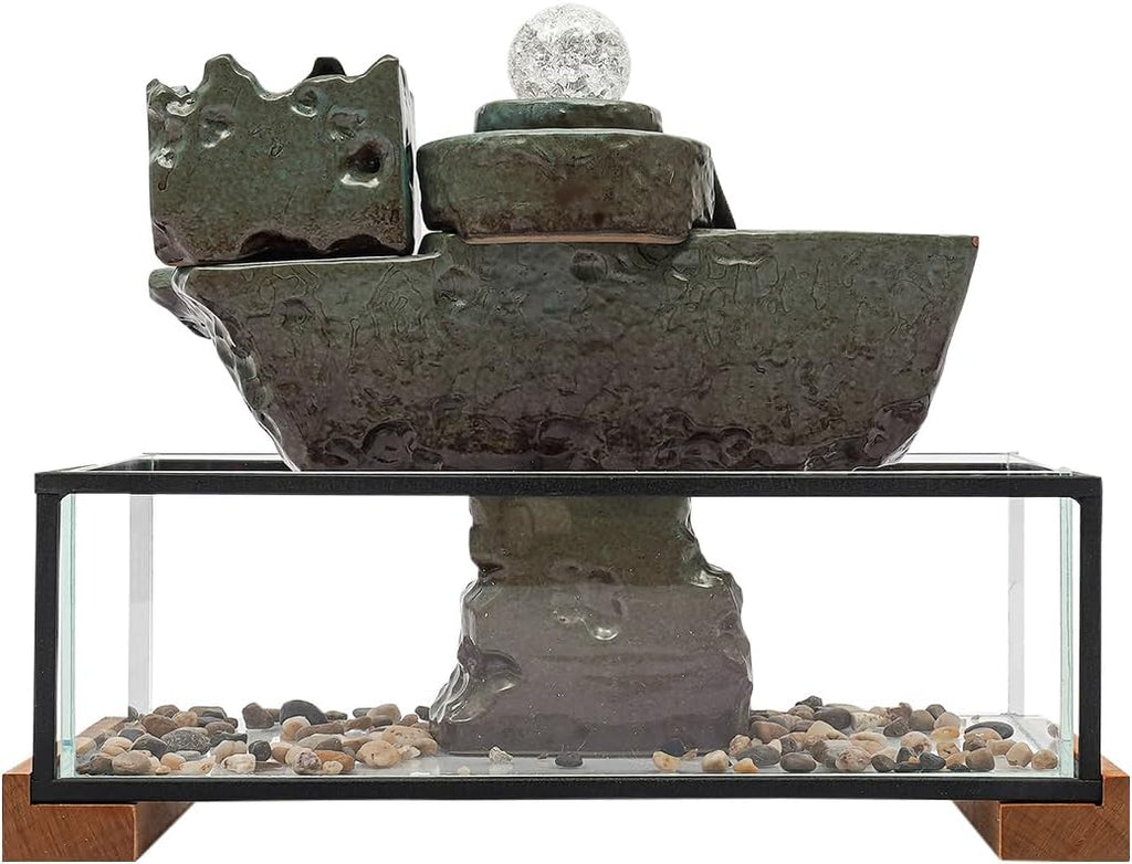 24V 3W Tabletop Eco Fish Tank -Indoor Relaxation Desktop Fountain w/Mist, LED, Artificial Stone Mountain for Meditation and Décoration for Good Luck Wealth